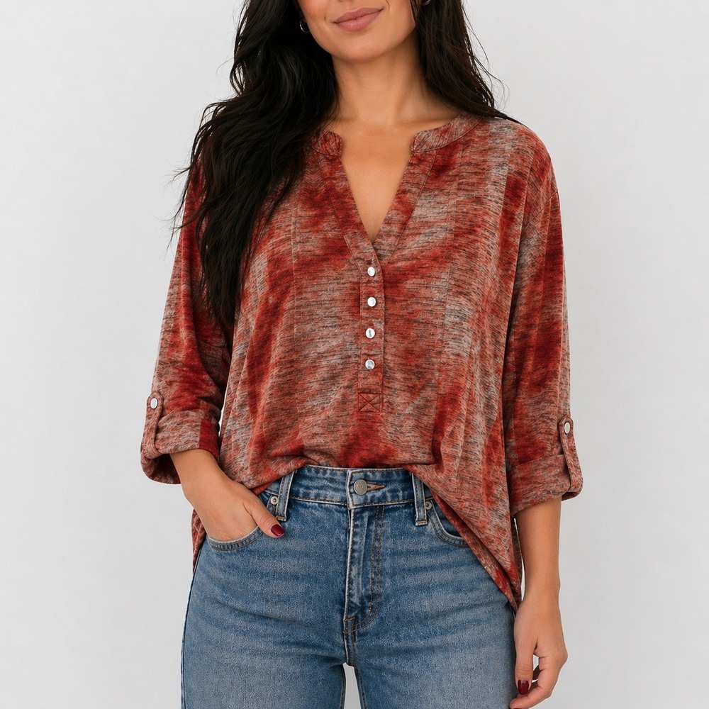 Cocomo Y2K Blouse Sz 1X Plus Boho Roll Tab Pink Orange Stretchy Abstract Artsy